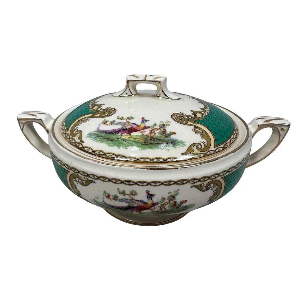 Myott‎ Royal Crown Staffordshire England Chelsea Bird Green Covered Sugar Bowl